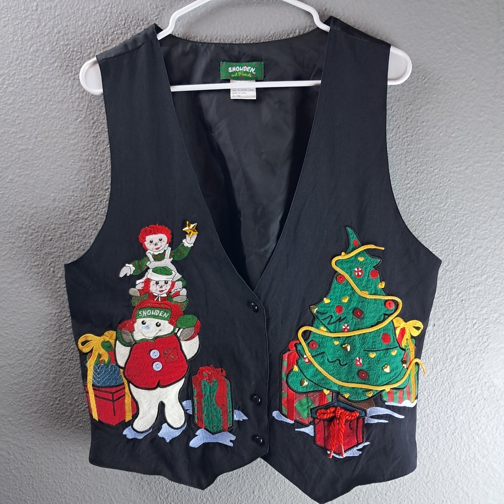 Snowden Christmas Womens Vest Holiday Tree Snowman Applique Black Size M